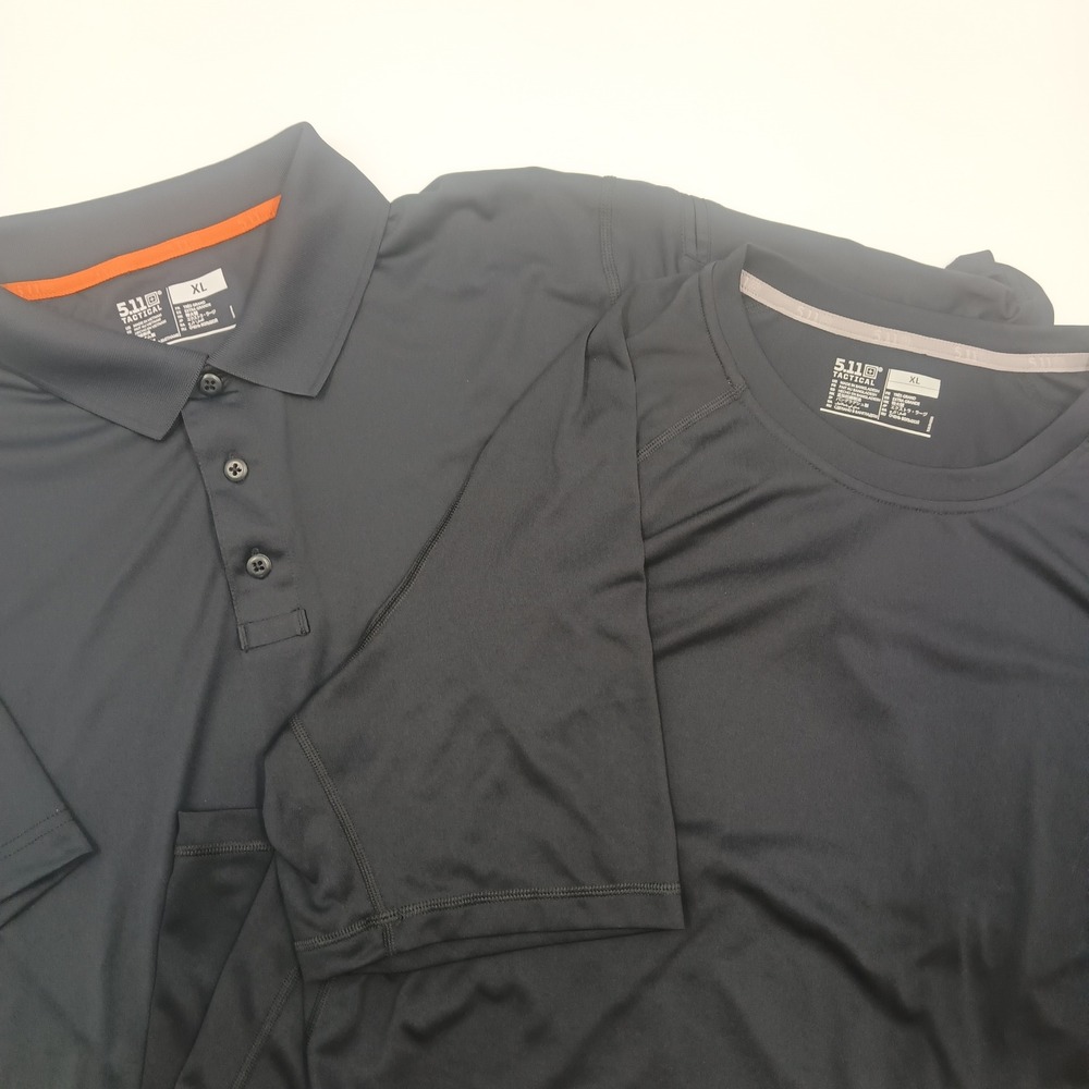 2 5.11 Tactical Mens XL Black shirts. Short sleeve Dri-Fit and S/S button down.